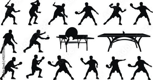 Table Tennis Player Silhouette Set featuring men performing forehand, backhand, serve, and smash shots with ping pong table black vector collection for sport, competition, and fitness design..eps