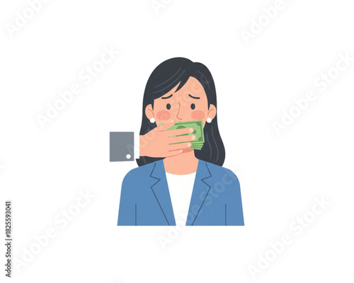 Person's mouth covered with money, implying bribery and silence