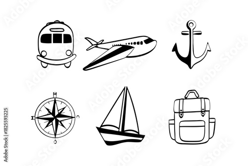 Travel icons set: Bus, plane, anchor, compass, sailboat, and backpack. Perfect for vacation planning, adventure themes, and wanderlust designs, originally vector