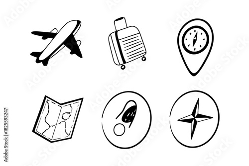 Plan your next adventure with this travel icon collection, featuring airplane, suitcase, map, compass rose, and more for vacation planning fun
