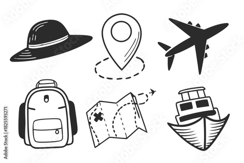 Plan your next adventure with these travel icons, a hat, airplane, backpack, map, ship and location marker, vector art for travel and tourism themes