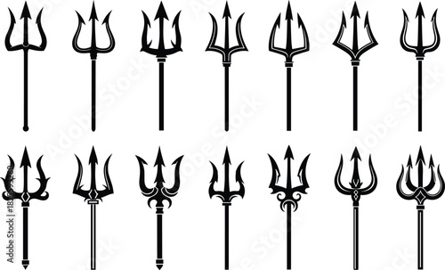 Trident vector icon set, black Poseidon sea god pitchfork collection, Neptune spear weapon symbol bundle, mythology, fantasy, and nautical logo graphic design elements.