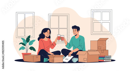 A happy young couple celebrates moving into their new home, toasting with drinks amidst unpacked boxes and a fresh plant.