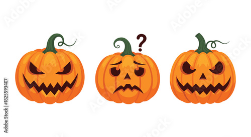 A trio of Halloween jack-o'-lanterns showcases contrasting emotions, featuring two scary and one confused pumpkin.