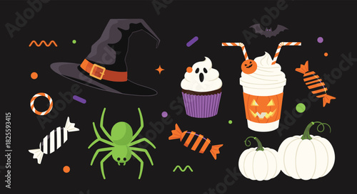 A delightful collection of Halloween elements featuring a witch's hat, spider, candies, ghost cupcake, pumpkin latte, and white pumpkins.