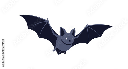 A cute, animated bat with dark wings and a friendly face spreads its wings, flying gracefully against a clean white background.