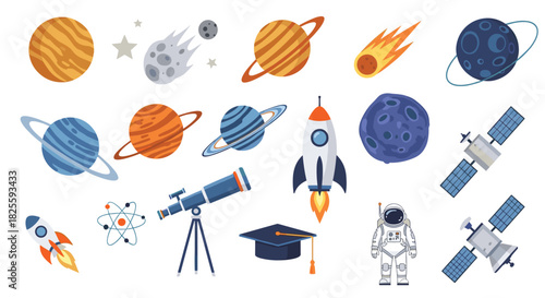 A vibrant collection of space and astronomy-themed illustrations featuring planets, rockets, satellites, and an astronaut, perfect for educational content.