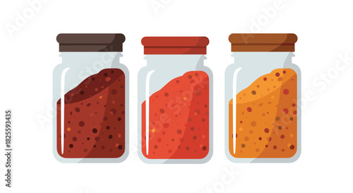 A clean, flat illustration featuring three glass spice jars filled with colorful red, orange, and brown powdered spices on a white background.