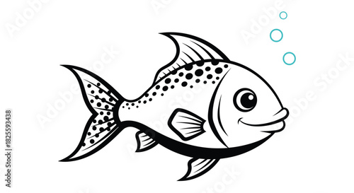 A cheerful black and white cartoon fish with a happy smile and unique spotted patterns swims playfully, accompanied by rising blue bubbles, ideal for kids' content.