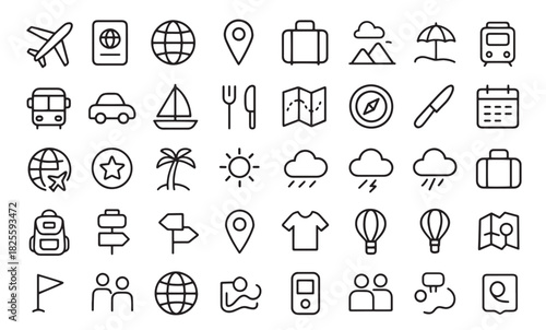 Line-style icon set featuring travel, navigation, weather, food, and lifestyle themes. Perfect for apps, websites, UI/UX, and marketing designs to express exploration, planning, and leisure.