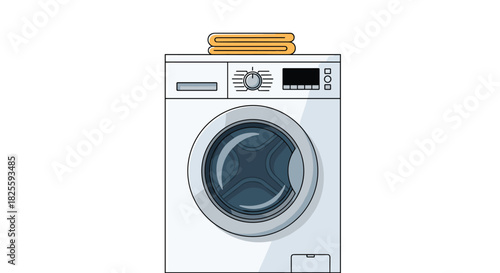 A simple, front-loading washing machine in white with grey accents and two folded orange towels on its top, presented as an isolated illustration.