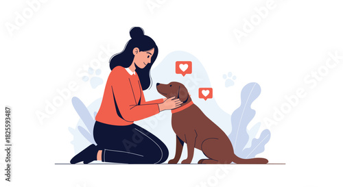 Happy young woman kneeling and petting her beloved brown dog, illustrating the joyful and affectionate bond between them.