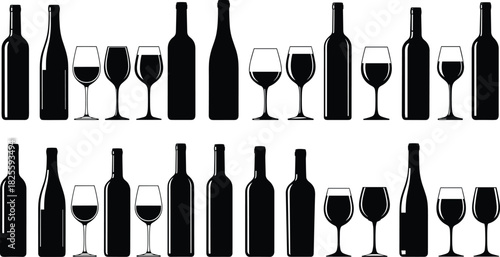 Wine bottle and glass vector silhouette set, black outline collection of winery elements, alcoholic beverage, restaurant, tasting, and celebration graphic icons bundle.