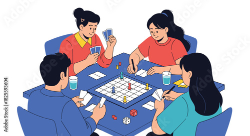 Four friends happily playing a variety of board and card games together at a table, enjoying quality time and friendly competition.