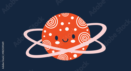 Adorable cartoon orange planet with a friendly smile, white polka dots, and spirals, encircled by soft pink rings against a deep blue background.