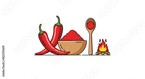 An illustration depicting red chili peppers, chili powder in a bowl, a spoon, and a small campfire, symbolizing hot and spicy flavors.