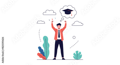 A man celebrates his aspirations for educational achievement, envisioning a future with a graduation cap and symbolizing academic success.