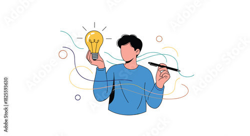 Illustration of a person holding a glowing lightbulb for ideas and a pen for writing or drawing, symbolizing creative thought and design.