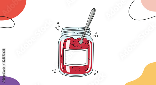 Cartoon illustration of a glass jar filled with red jam, with a spoon inside and a blank label, on a white background with abstract shapes.