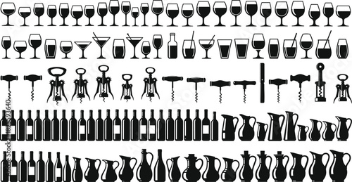  Wine glass, cocktail, corkscrew, bottle, and pitcher silhouette set featuring bar and kitchen tools, alcohol containers, and beverage serving items black vector collection for restaurant and drink de