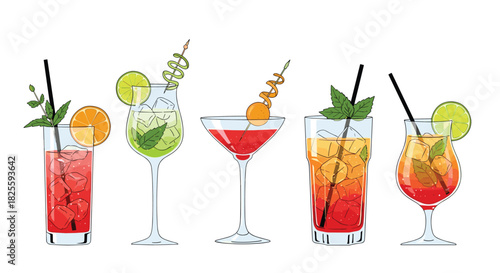 A vibrant collection of five refreshing and colorful cocktails with various garnishes, ice, and straws, perfect for summer parties.