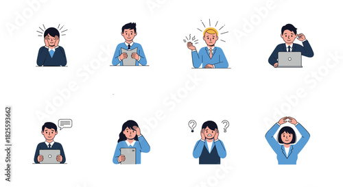 Diverse professional characters showcasing a spectrum of work-related emotions and actions from confusion and stress to breakthrough and affirmation.