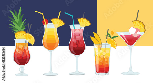 A vibrant collection of five colorful tropical cocktails, each beautifully garnished and presented against a stylish blue, yellow, and white background, perfect for summer.