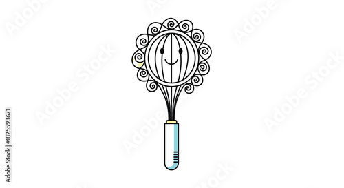A delightful cartoon whisk or kitchen tool, featuring a cheerful smiley face within its circular head, detailed with ornate swirl patterns, on a white background.