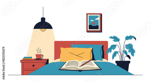 A cozy and inviting bedroom interior with a bed, open book, warm drink, and soft lamp light, ideal for relaxation and quiet study.