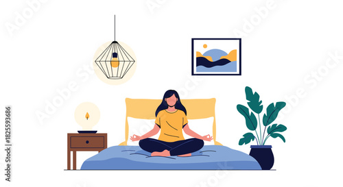 A young woman practices mindful meditation in a cozy bedroom setting, promoting relaxation and mental well-being before sleep.