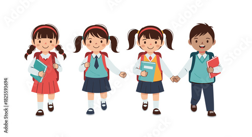 Four diverse elementary school children, three girls and one boy, walk together while holding hands, carrying books and backpacks, ready for a day of learning.