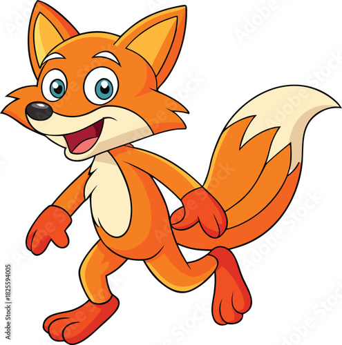Cartoon fox running with a happy expression and bushy tail on a white background animal