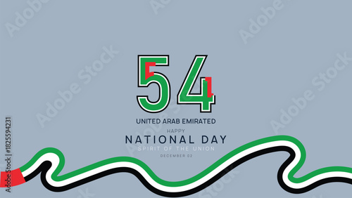 Flat Minimalist UAE National Day Poster with Bold Number 54 Green Red Black White Ribbon Waves on Soft Blue Background for Celebration Banner and Holiday Greeting Layout