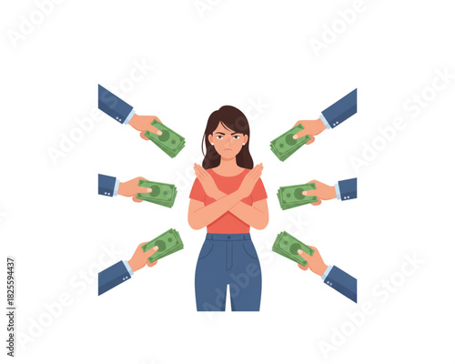 Woman refusing money being offered by multiple hands