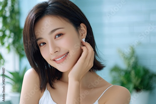 a beautiful japanese woman in her thirties with smooth skin, gently touching and smiling at the side of her face