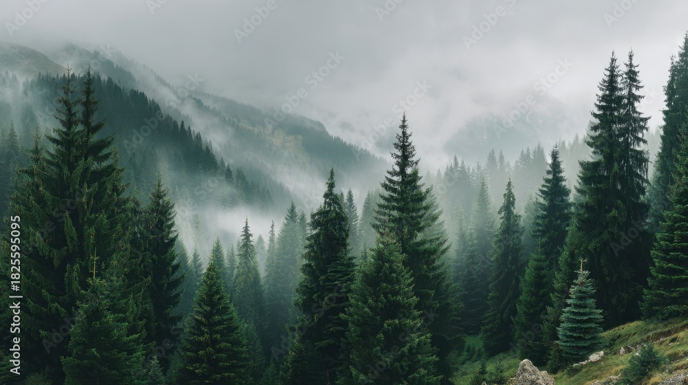 Fototapeta premium Serene Misty Forest Landscape with Pine Trees and Rolling Hills in a Calm Natural Environment