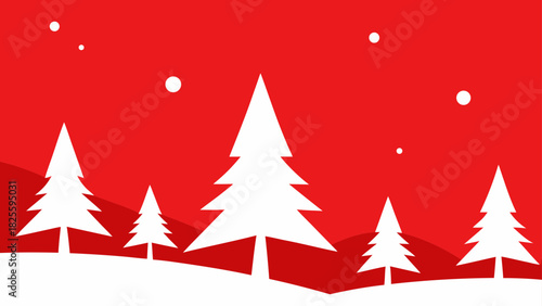 Illustration of white christmas trees on snowy hills against a red background with falling snow dots