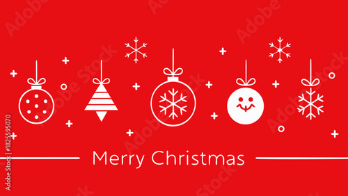 Red background with christmas ornaments and snowflakes with merry christmas text design element