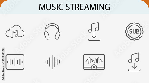 Music streaming cloud subscription headphone sound wave line icons