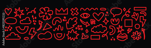 Abstract organic element set. Hand drawn sketch doodle scribble  brush geometric figure shape black background. Abstract arrow, circle, zigzag elements. Vector illustration