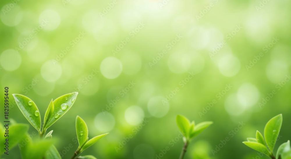 Naklejka premium Vibrant Green Growth: Close-up of verdant leaves with water droplets glistens in the soft light of a sunny day, with a beautiful bokeh background.