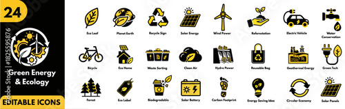 Green Energy & Ecology Vector Icons. Set for sustainable living, environmental protection, renewable resources, solar power, wind energy, and recycling initiatives