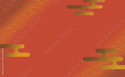 赤い背景と金の波と雲の模様
