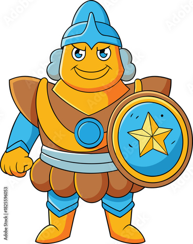 Cartoon warrior character in blue and gold armor holding a shield with a star soldier