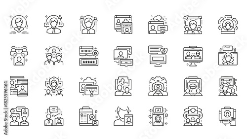 Collection of black and white line icons related to user profiles and data.