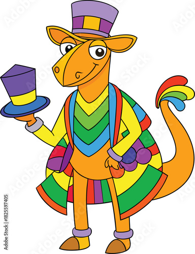 Orange cartoon character wearing a colorful striped outfit and a top hat, holding a smaller hat animal
