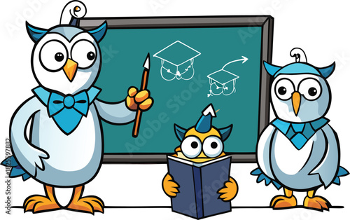 Three cartoon owls in front of a blackboard with graduation caps drawn on it education school