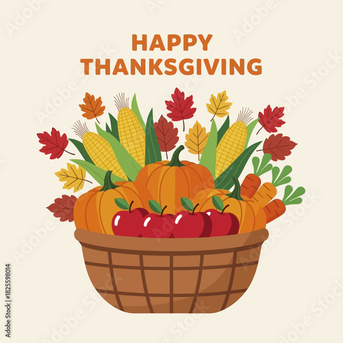 Harvest basket overflowing with autumn bounty for Thanksgiving celebration.