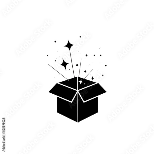 Mysterious open gift box silhouette with sparkling stars, symbolizing surprise, magic, and excitement for a special unboxing experience or a rewarding offer