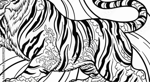 Majestic tiger in a traditional Japanese art style line drawing.